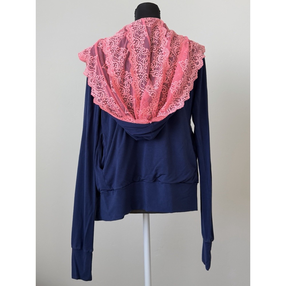 Y2K Beach Bunny Lounge Unzip Me Hoodie S Navy Coral Lace Modal Made USA